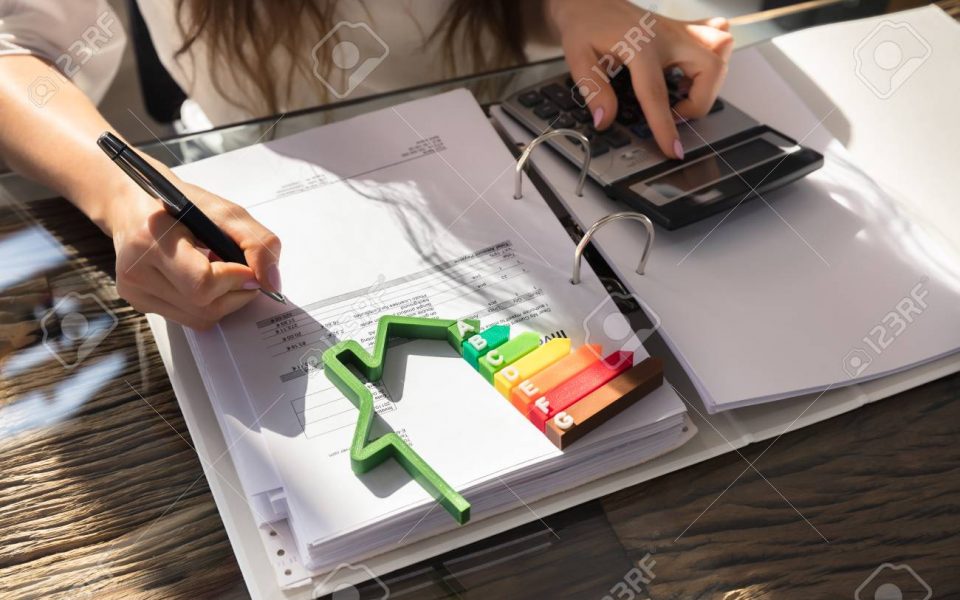 Woman Calculating Energy Efficient House Woman Calculating Invoice With Energy Efficient Chart And House Silhouette In Office